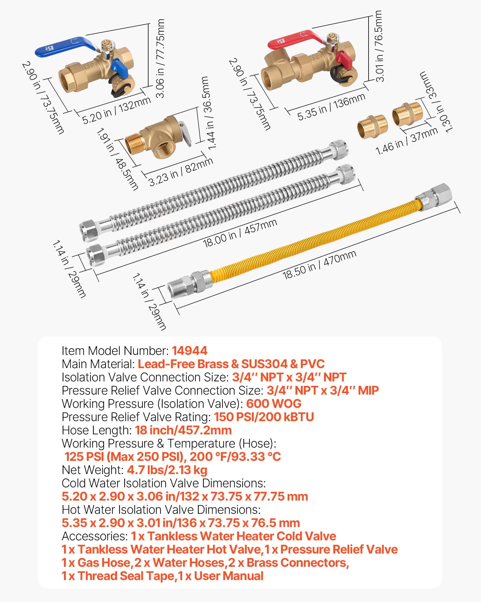 Water Heater Kit, 3/4 Inch Cold & Hot Water Plumbing Repair Kit With 600 WOG Isolation Valves, Pressure Relief Valve, Dual-Layer Gas Hose, Compatible With Most Tankless Waters Heater Brands