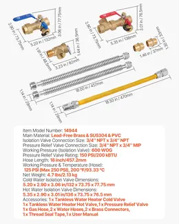 Water Heater Kit, 3/4 Inch Cold & Hot Water Plumbing Repair Kit With 600 WOG Isolation Valves, Pressure Relief Valve, Dual-Layer Gas Hose, Compatible With Most Tankless Waters Heater Brands