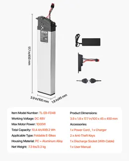 Folding Ebike Battery, 48V 10.4Ah Electric Bike Lithium Battery Pack With BMS, 3A Charger, Lock For 1000W E-Bike Motor, Detachable Electric Bicycle Replacement Kit With Handle & Discharge Socket