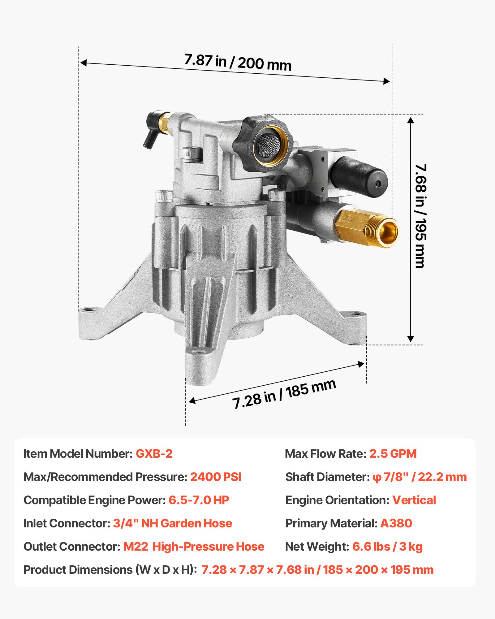 Pressure Washer Pump, 7/8" Shaft Vertical, 2400 PSI, 2.5 GPM, Replacement Power Washer Pumps Kit With Hardware And Siphon Tube, Compatible With RYOBI, Honda, PowerStroke, Briggs And Stratton