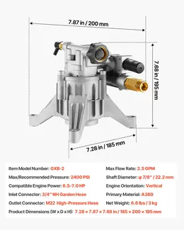 Pressure Washer Pump, 7/8" Shaft Vertical, 2400 PSI, 2.5 GPM, Replacement Power Washer Pumps Kit With Hardware And Siphon Tube, Compatible With RYOBI, Honda, PowerStroke, Briggs And Stratton