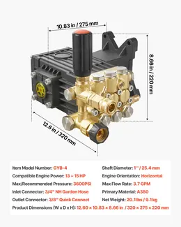 Pressure Washer Pump, 1" Horizontal Triplex, 3600 PSI, 3.7 GPM, Simpson MorFlex 40224, 40225, 40226