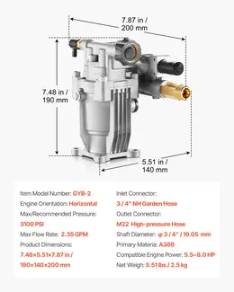 Product image of Pressure Washer Pump, 3/4" Horizontal Shaft, 3100 PSI, 2.35 GPM, Replacement Kit