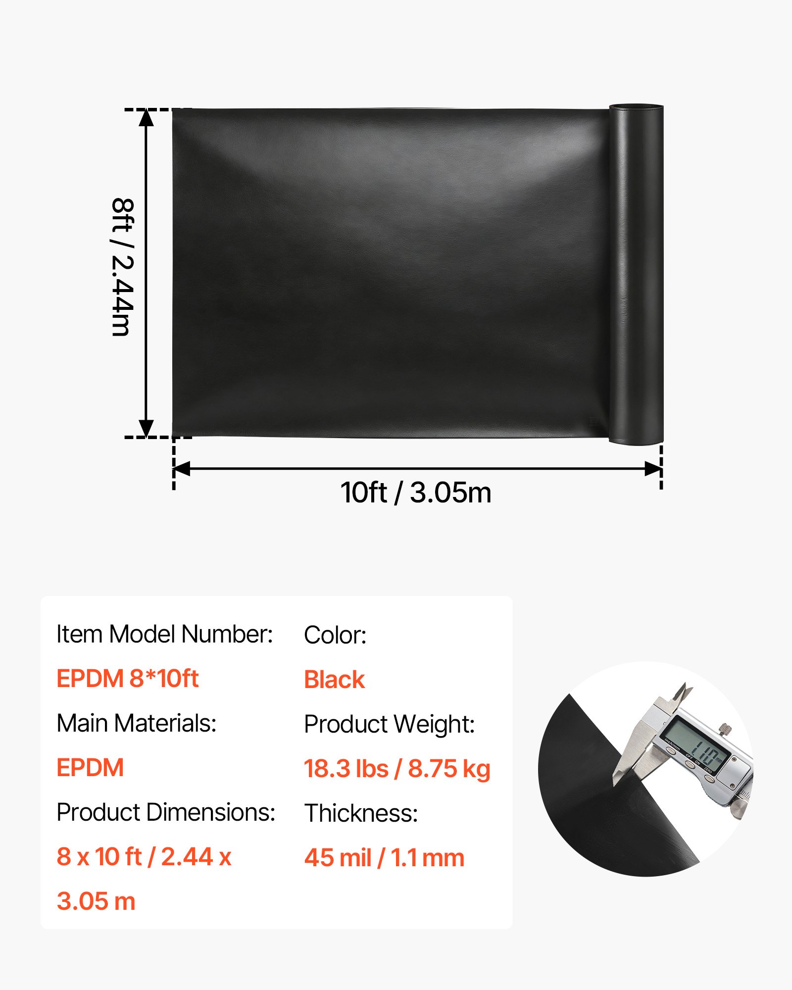 Main product image of 8 x 10 ft EPDM Pond Liner, 45 Mil Thickness, for Outdoor Ponds, Black