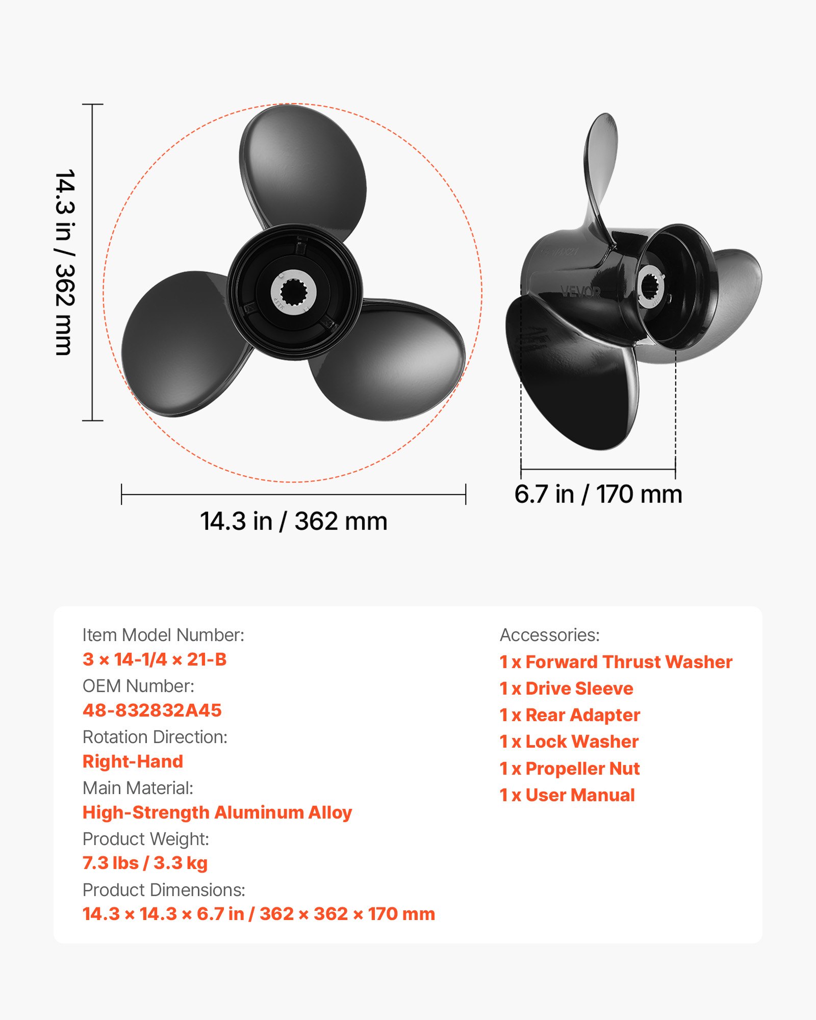 Outboard Propeller, Upgrade OEM 15 Spline Tooth Aluminum Outboard Boat Propeller Fit Mercury/Mariner Engines 90-400 HP, 4-3/4" Gearcase, 3-Blade, RH (Right Hand Rotation), OEM No. 48-832832A45