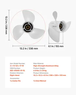 Outboard Propeller, Upgrade OEM 15 Spline Tooth Aluminum Outboard Boat Propeller Fit Yamaha Engines 50-130 HP, 4-1/4" Gearcase, 3-Blade, RH (Right Hand Rotation), OEM Parts No. 6E5-45945-01-EL