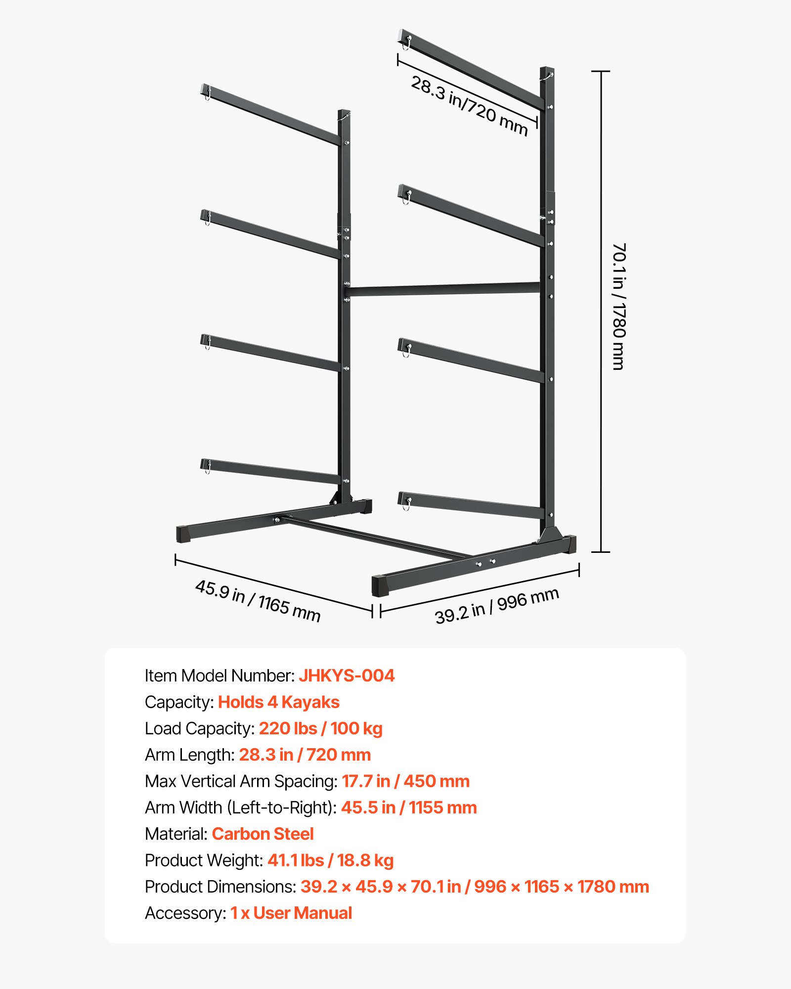 Kayak Storage Rack For 4 Kayaks, Holds 220 Lbs, Heavy Duty Freestanding Stand For Indoor Outdoor Garage Shed Dock, Storage Rack Stand Holder For Canoe, Small Boat, SUP, Surfboard & Paddleboard