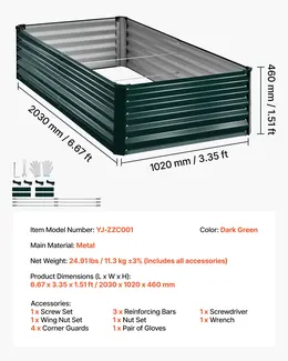 Galvanized Raised Garden Bed, 6.67 X 3.35 X 1.51 Ft, Rectangular Metal Planter Box Kit Outdoor, Rustproof Elevated Planting Box With Gloves, Alu-Zinc, For Growing Flowers Vegetables, Dark Green