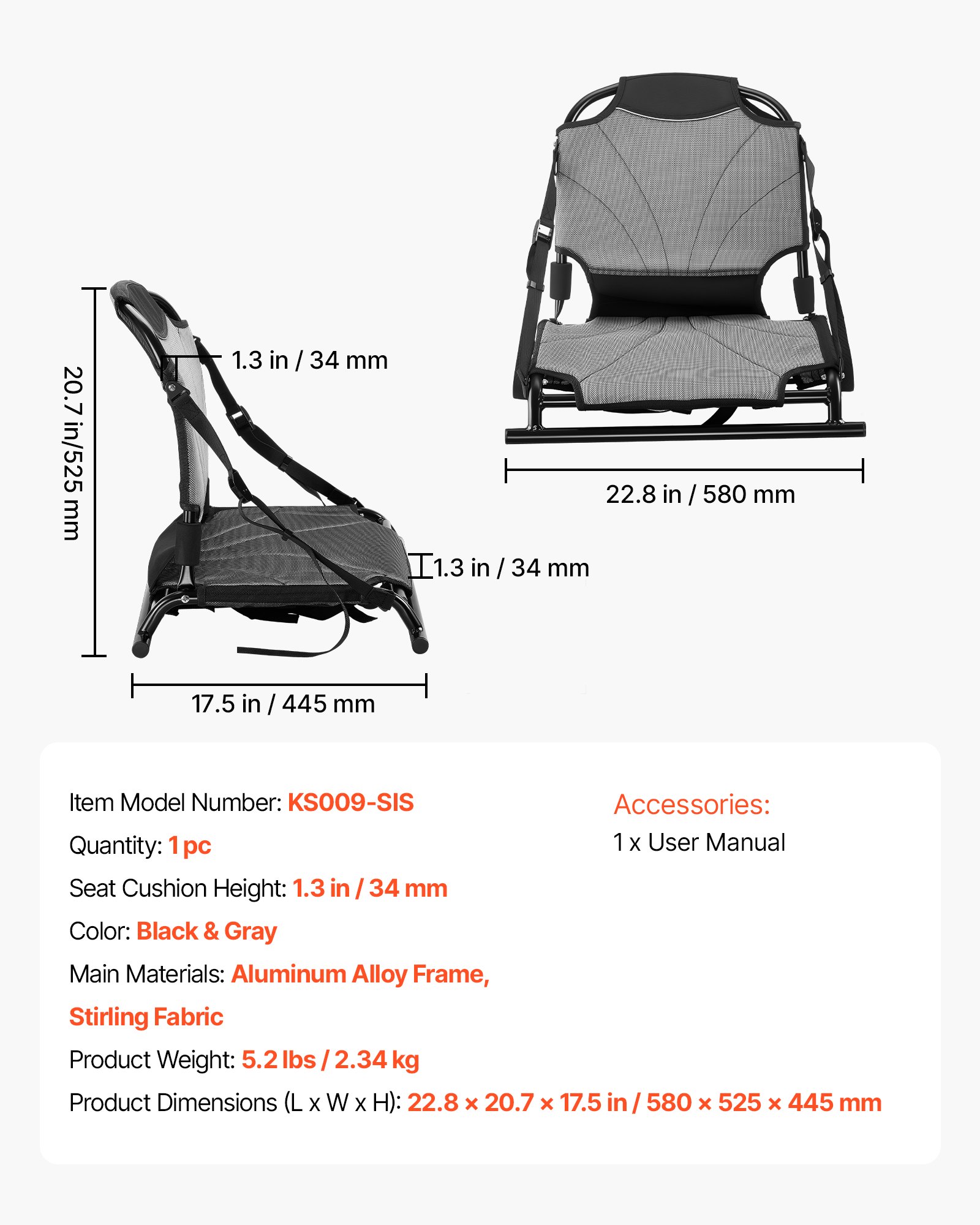 Kayak Seat, 1 Pack 1.3" Raised Height, Universal Foldable Canoe Seat With Adjustable Back Support, Adjustable Straps, And Aluminum Alloy Frame For Sit-on-Top/Fishing/Inflatable Kayaks & Canoes