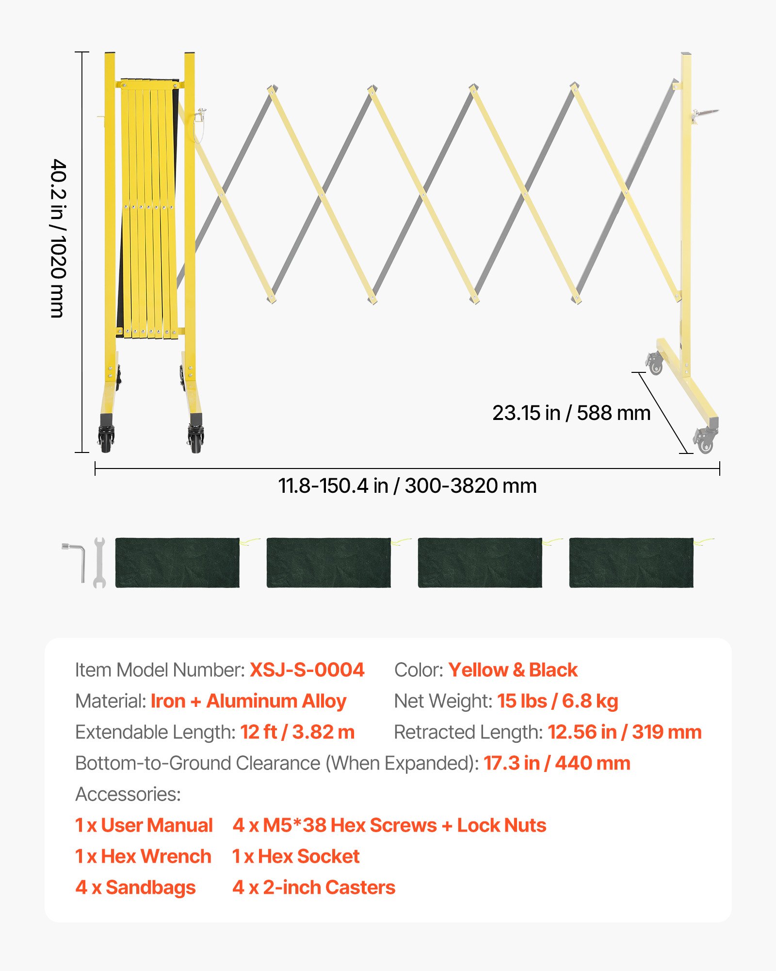 Industrial Expandable Barricade, 12FT Expandable Safety Barrier, Flaxible Mobile Barricade With Locking Casters, Portable Folding Security Gate Traffic Fence For Driveway Warehouse Elevator