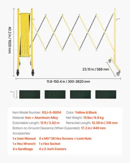 Industrial Expandable Barricade, 12FT Expandable Safety Barrier, Flaxible Mobile Barricade With Locking Casters, Portable Folding Security Gate Traffic Fence For Driveway Warehouse Elevator