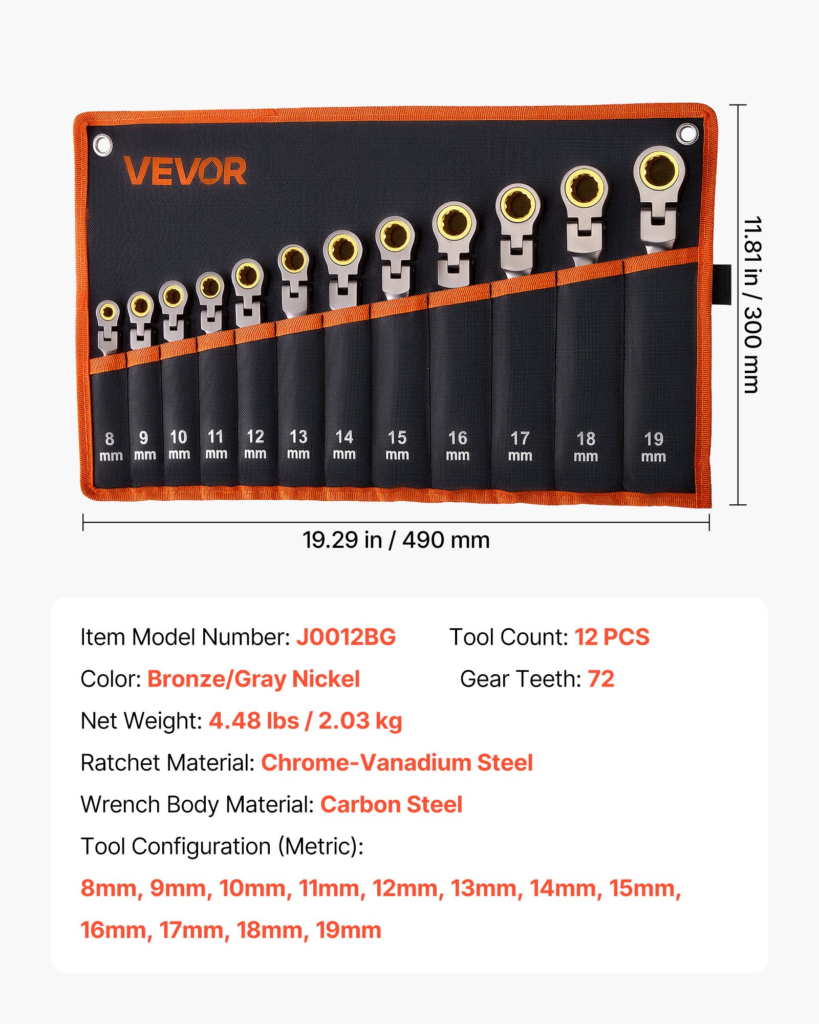 Flex-Head Ratcheting Wrench Set, 12-Piece Metric 8 Mm To 19 Mm, 72 Teeth, Cr-V Steel Ratchet Flexible Combination Wrench Set With Roll Up Pouch, For General Household And Automotive Repairs