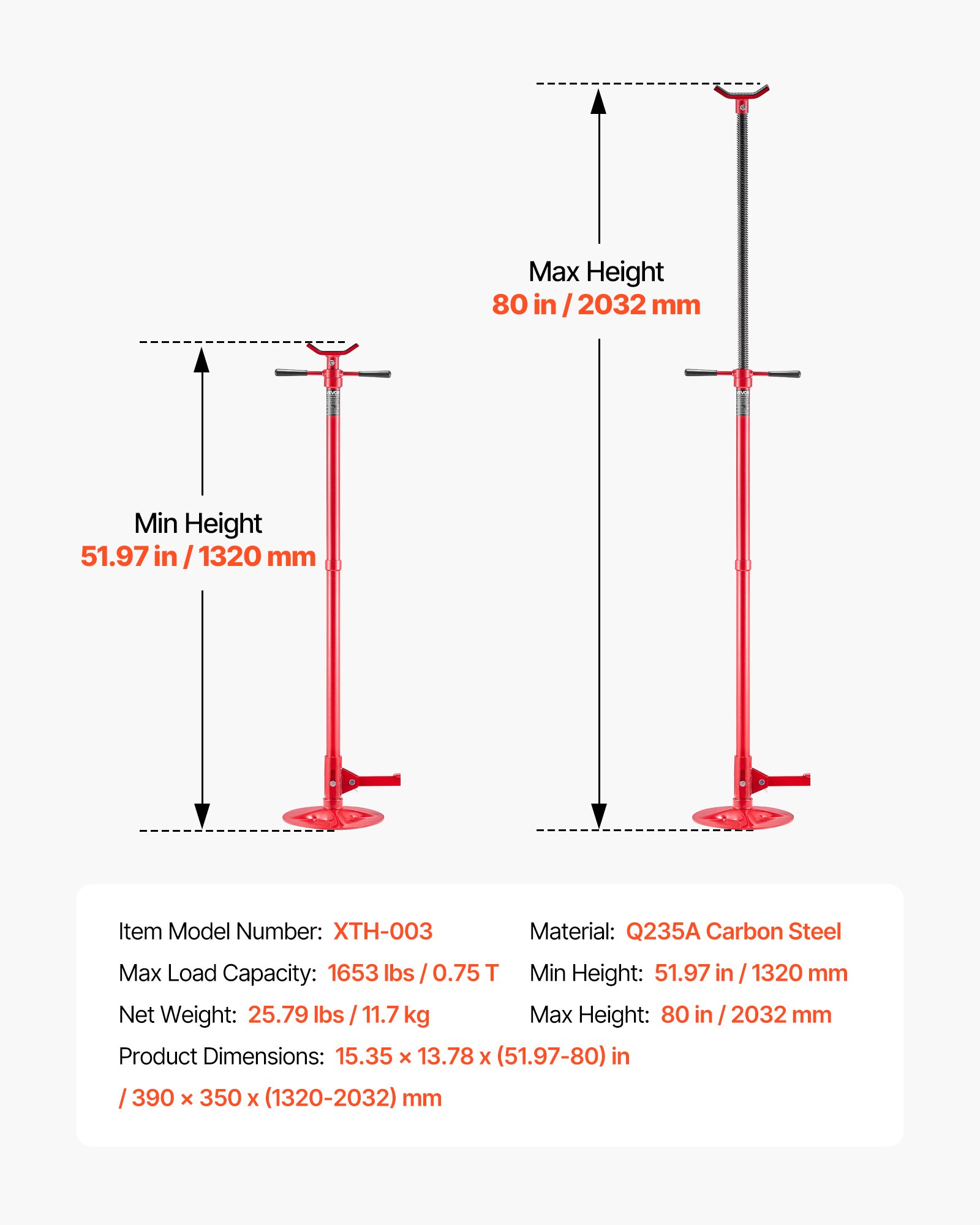 Underhoist Support Stand, 3/4 Ton (1653 Lbs) Capacity Under Hoist Jack Stand, Lifting From 51.97" To 80", Bearing Mounted Spin Handle, Foot Pedal, 12" Diameter Base, Support Vehicle Components