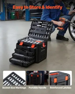 Mechanics Tool Set, 297-Piece Mechanic Tool Kit, 1/4 In, 3/8 In, And 1/2 In Drive, SAE And Metric Socket Set, Wrenches, Screwdriver Bits, Accessories, And Storage Case, For Automotive Repair
