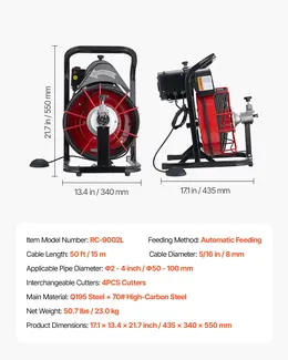 Drain Cleaner Machine, 50 ft x 5/16 in, Auto-Feed, 4 Cutters, Foot Switch, for 2-4 in Pipes