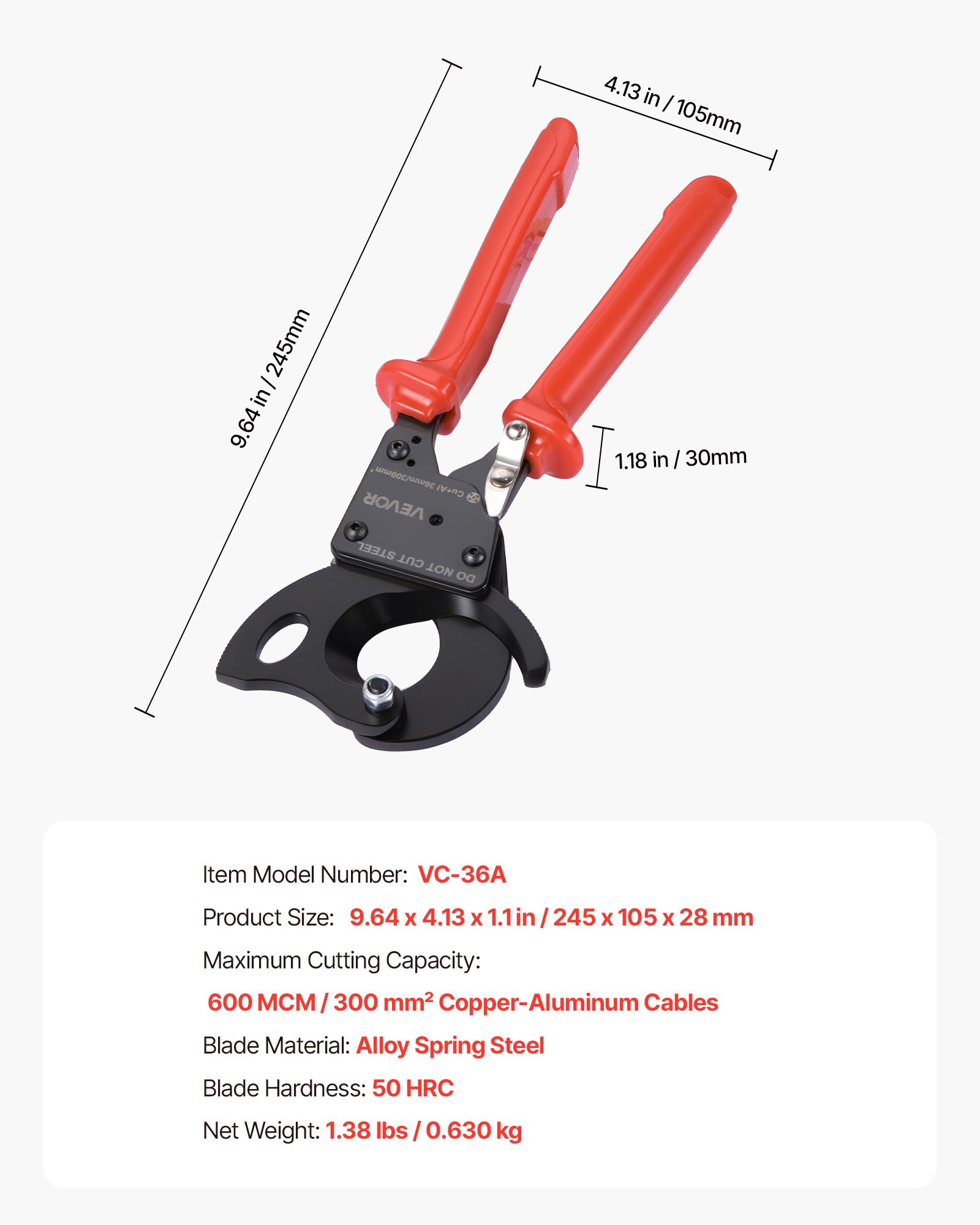 Ratcheting Cable Cutter, Spring Steel Blades With PVC-Coated Handles, Quick-Release Button, Heavy Duty Ratchet Cable Wire Cutter For Cutting Copper & Aluminum Cables Up To 600 MCM / 300 Mm²