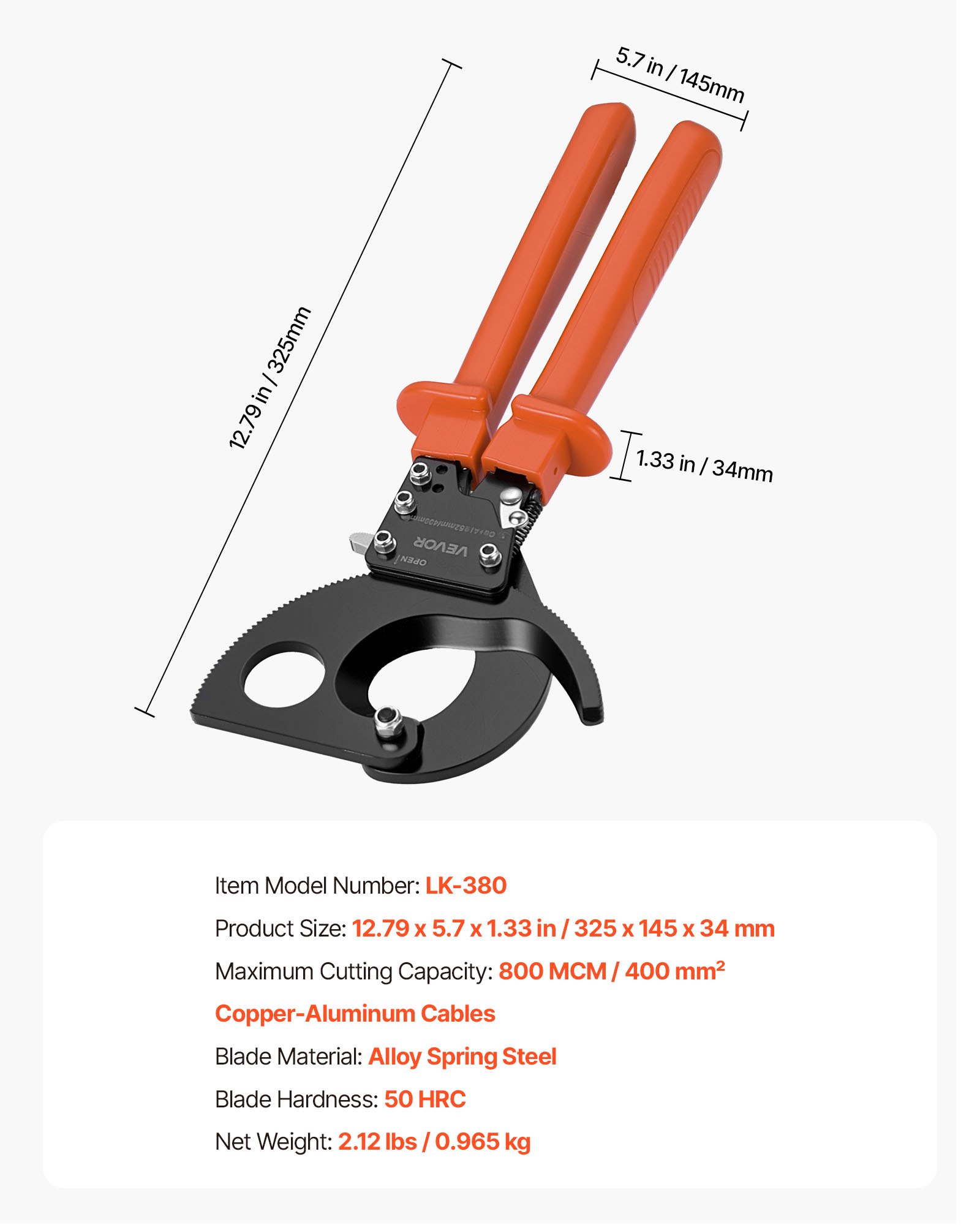 Ratcheting Cable Cutter, Spring Steel Blades With PVC-Coated Handles, Quick-Release Button, Heavy Duty Ratchet Cable Wire Cutter For Cutting Copper & Aluminum Cables Up To 800 MCM / 400 Mm²