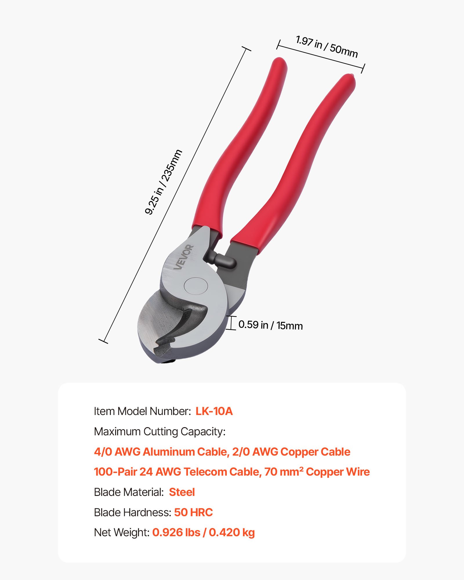 High Leverage Cable Cutter, 9-1/4 In Compact, Forged Blades And PVC-Coated Handles, Heavy Duty Cable Cutting Pliers Tool For 4/0 AWG Aluminum, 2/0 AWG Soft Copper And 100-Pair 24AWG Comm Cables