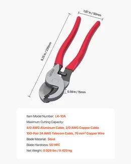 High Leverage Cable Cutter, 9-1/4 In Compact, Forged Blades And PVC-Coated Handles, Heavy Duty Cable Cutting Pliers Tool For 4/0 AWG Aluminum, 2/0 AWG Soft Copper And 100-Pair 24AWG Comm Cables