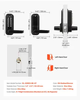 Mechanical Keyless Entry Door Lock, 2.0 Code Upgrade, 4-7 Digits Code, Single-Sided Push Button Combination Keypad Door Lock With Handle, Auto Locking, For Indoor Or Outdoor, Oil-Rubbed Bronze