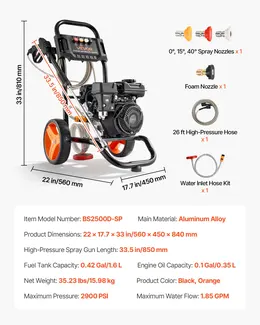 Gas Pressure Washer, 2900 PSI, 1.85 GPM, Aluminum Pump, 4 Nozzles