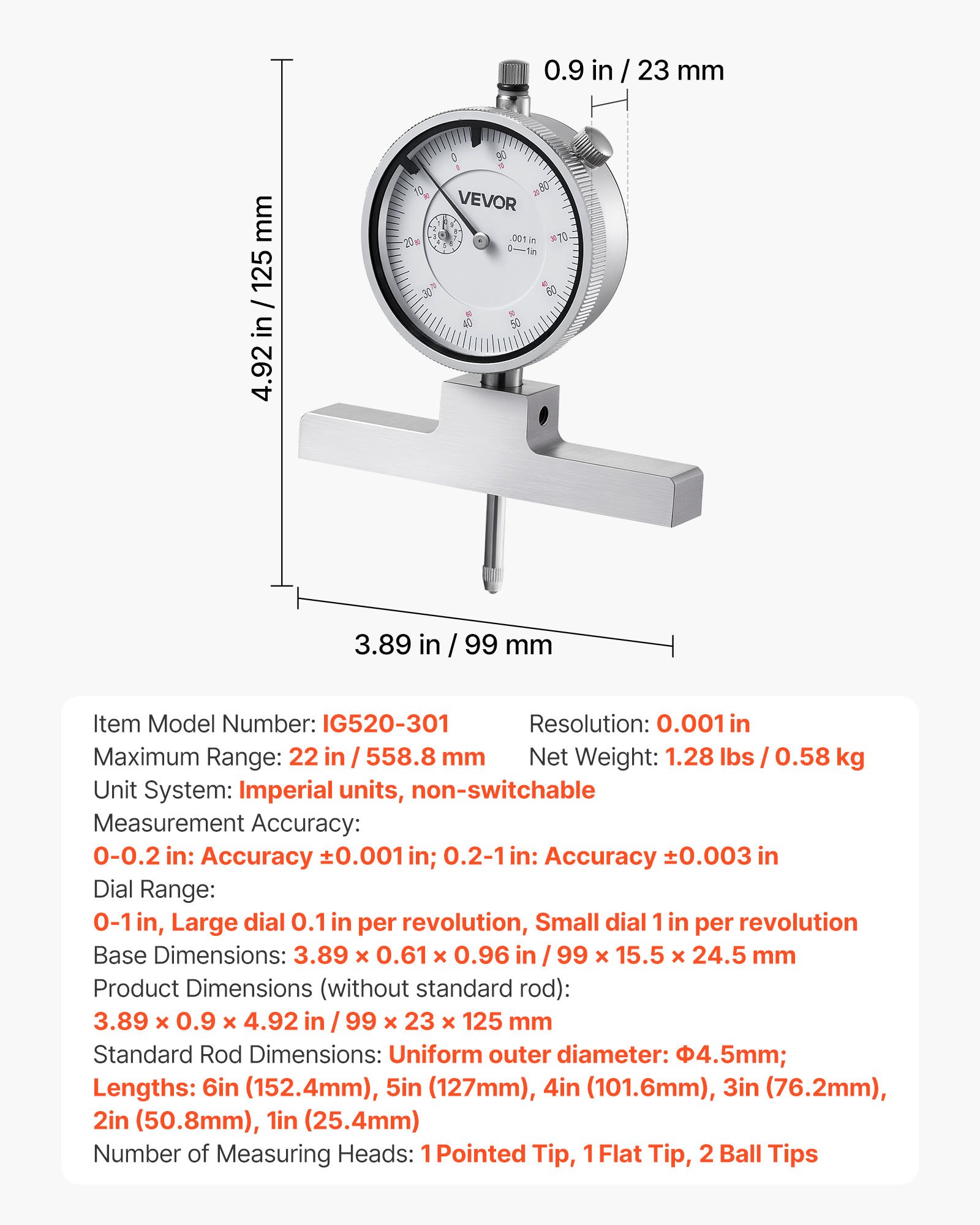 Depth Gauge, Depth Micrometer 0-22 Inch Measuring Range, 0.001" Resolution, With 4 Anvils & 6 Standard Rods, Precision Easy To Read Mechanical Tool For Measuring Groove, Step, Hole