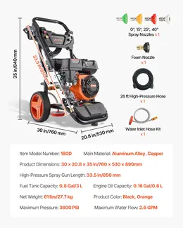 Gas Pressure Washer, 3600 PSI, 2.6 GPM, Copper Pump, Gun, Wand, 5 Nozzles, 26 Ft Hose