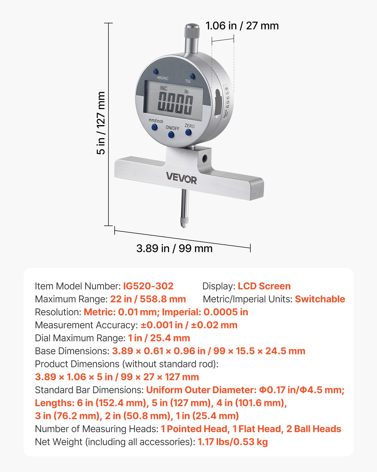 Depth Gauge, Depth Micrometer Digital Electronic Indicator 0-22 Inch Measuring Range, 0.0005" Resolution, Precision Unit Conversion With 4 Anvils, Measuring Tool For Groove, Step, Hole