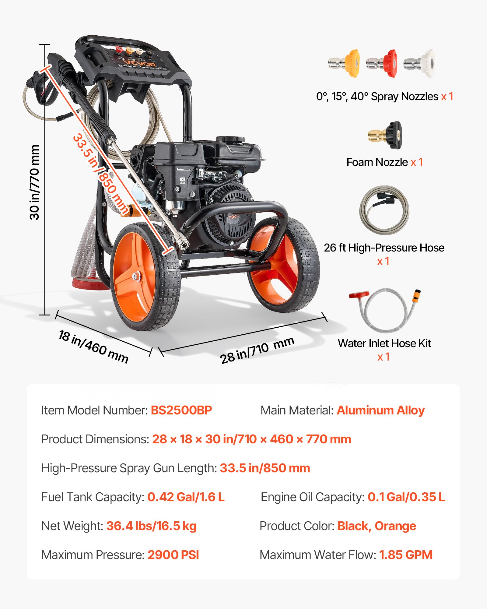 Gas Pressure Washer 2900 PSI And 1.85 Max GPM, Upgrade Aluminum Pump With Spray Gun And Wand, 4 Nozzle Set, Low Profile Power Washer For Cars, Fences, Driveways, Homes, Patios, Furniture