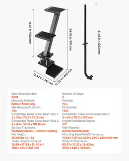 Boat Trailer Steps, 3-Step, Heavy-Duty Boat Trailer Steps With Handle, Non-Slip Surface, 3 Mounting Angle Options, Carbon Steel Ladder Suitable For 3" X 3"/3" X 5"/4" X 4" Frame, Bottom Mounting