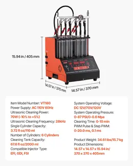 6-Cylinder Fuel Injector Cleaner & Tester, 28kHz Ultrasonic, 12V/70V/120V
