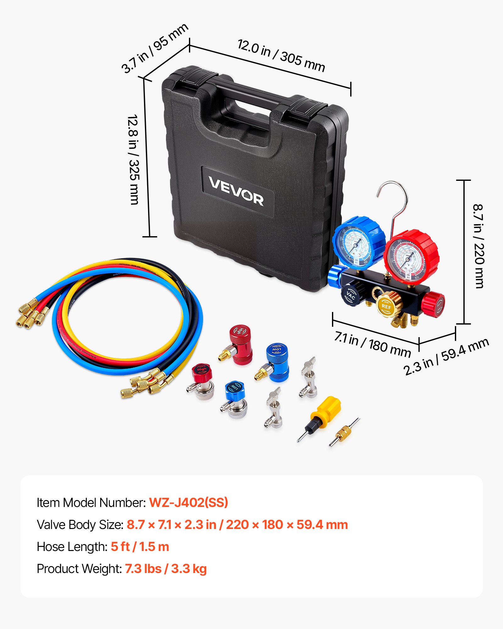 AC Manifold Gauge Set For R134a R404A R1234yf R22 Refrigerant, 4 Way AC Gauge With 5 Ft Hoses, Adapters, Quick Couplers, Can Taps For Automotive Air Conditioning Maintenance, Charging Evacuation