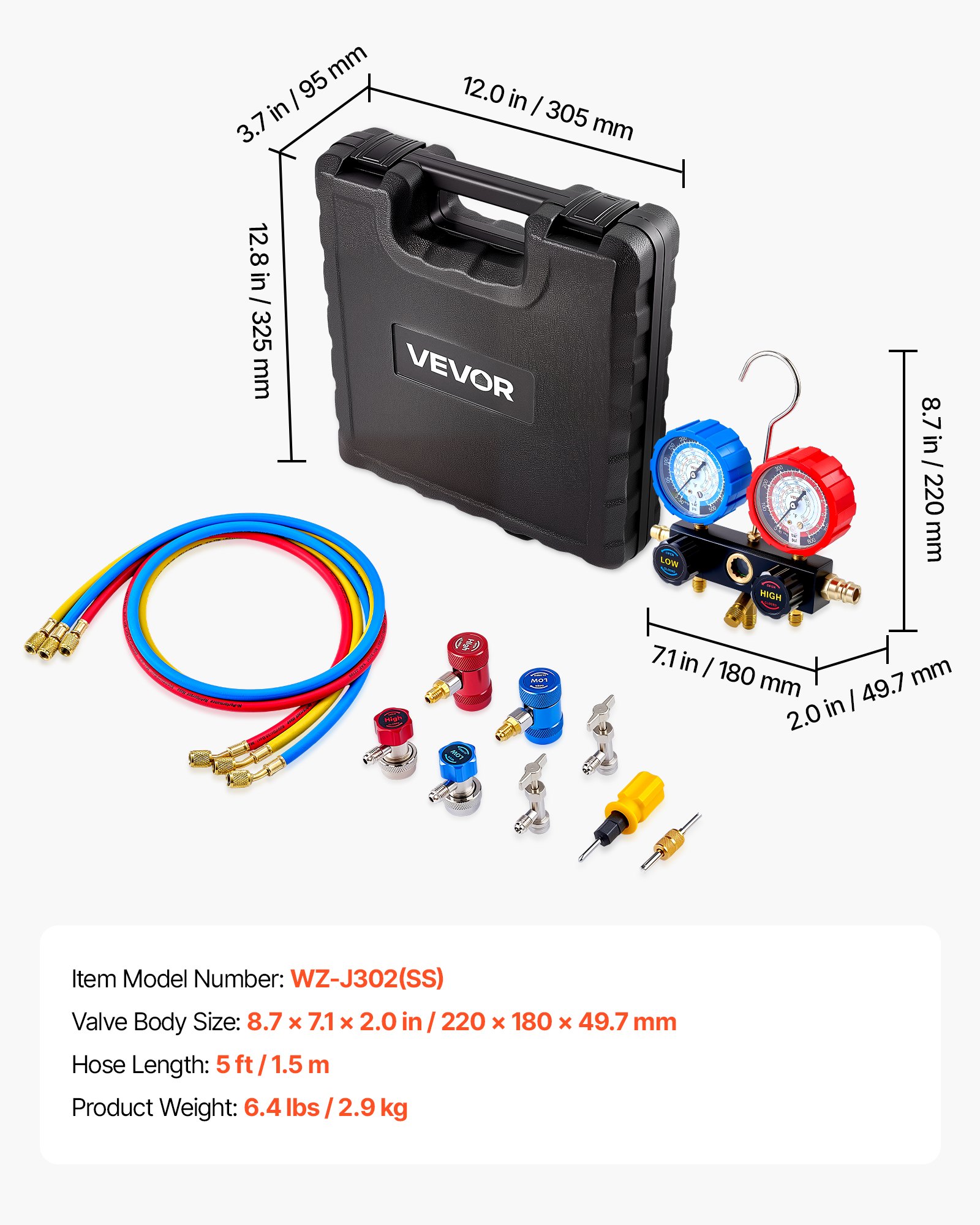 AC Manifold Gauge Set For R134a R404A R1234yf R22 Refrigerant, 3 Way AC Gauge With 5 Ft Hoses, Adapters, Quick Couplers, Can Taps For Automotive Air Conditioning Maintenance, Charging Evacuation