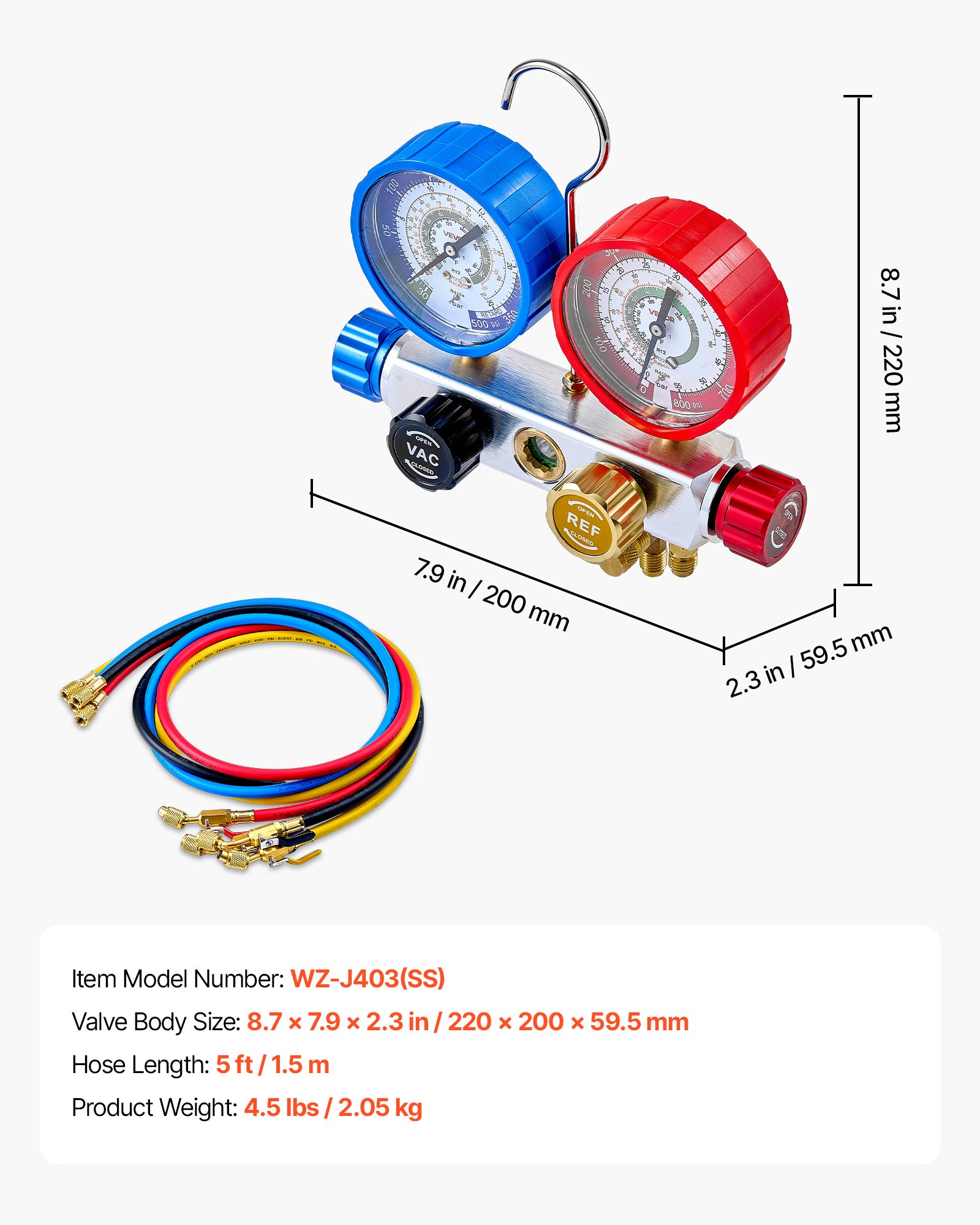 AC Manifold Gauge Set For R22 R404A R410A R12 Refrigerants, 4 Way AC Gauges With 5 Ft Hoses For Automotive & Household Air Conditioning Maintenance, Evacuation Vacuuming Charging And Recovery