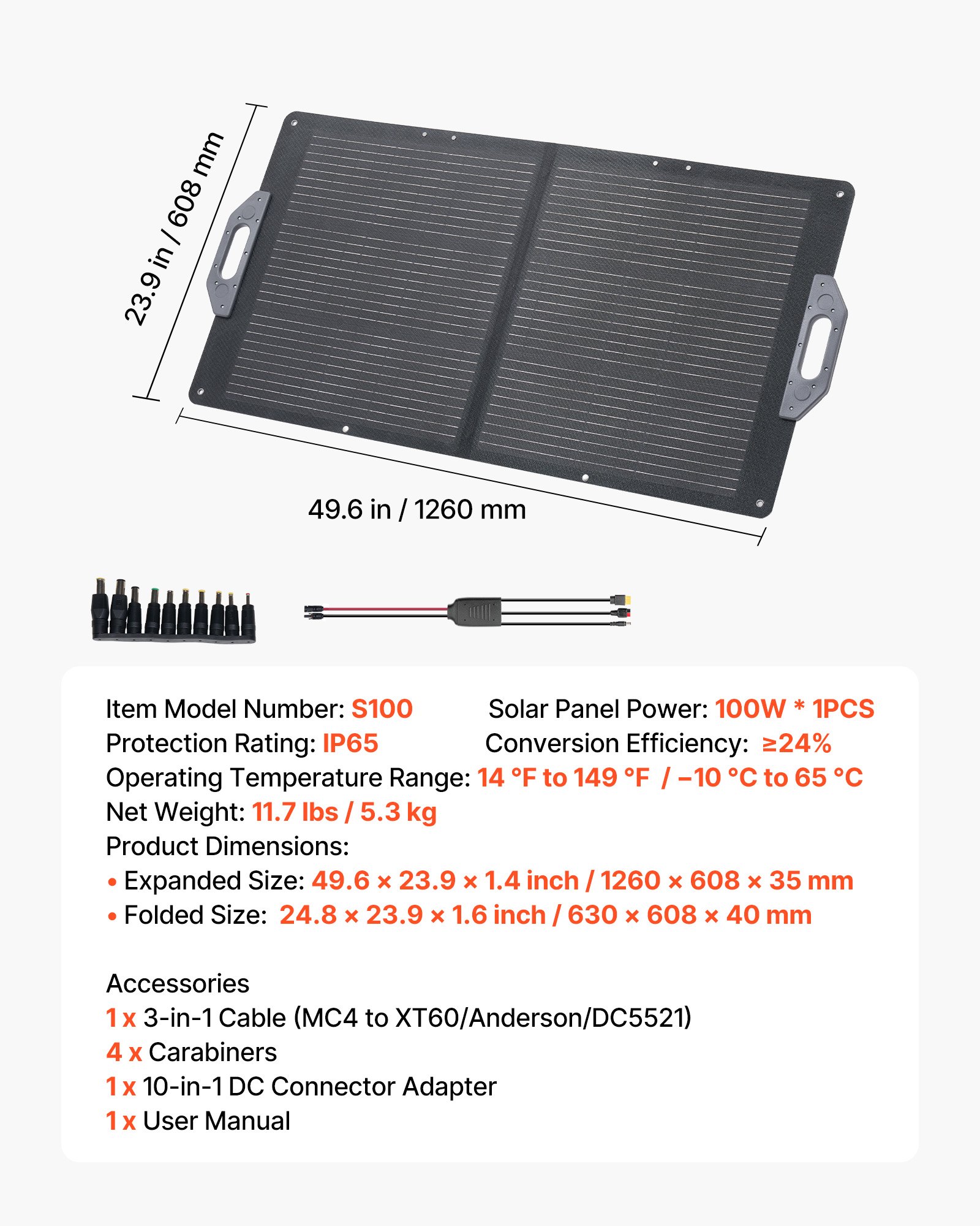 100W Foldable Solar Panel, 24% High-Efficiency Portable Monocrystalline Solar Panel Charger With MC4 Output, USB-A, Type-C & DC Ports, IP65 Waterproof For Power Stations, Camping, Hiking Trips