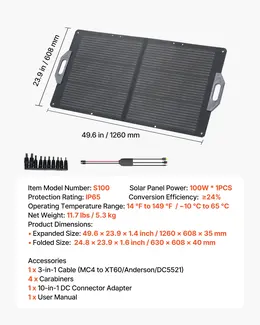 100W Foldable Solar Panel, 24% High-Efficiency Portable Monocrystalline Solar Panel Charger With MC4 Output, USB-A, Type-C & DC Ports, IP65 Waterproof For Power Stations, Camping, Hiking Trips