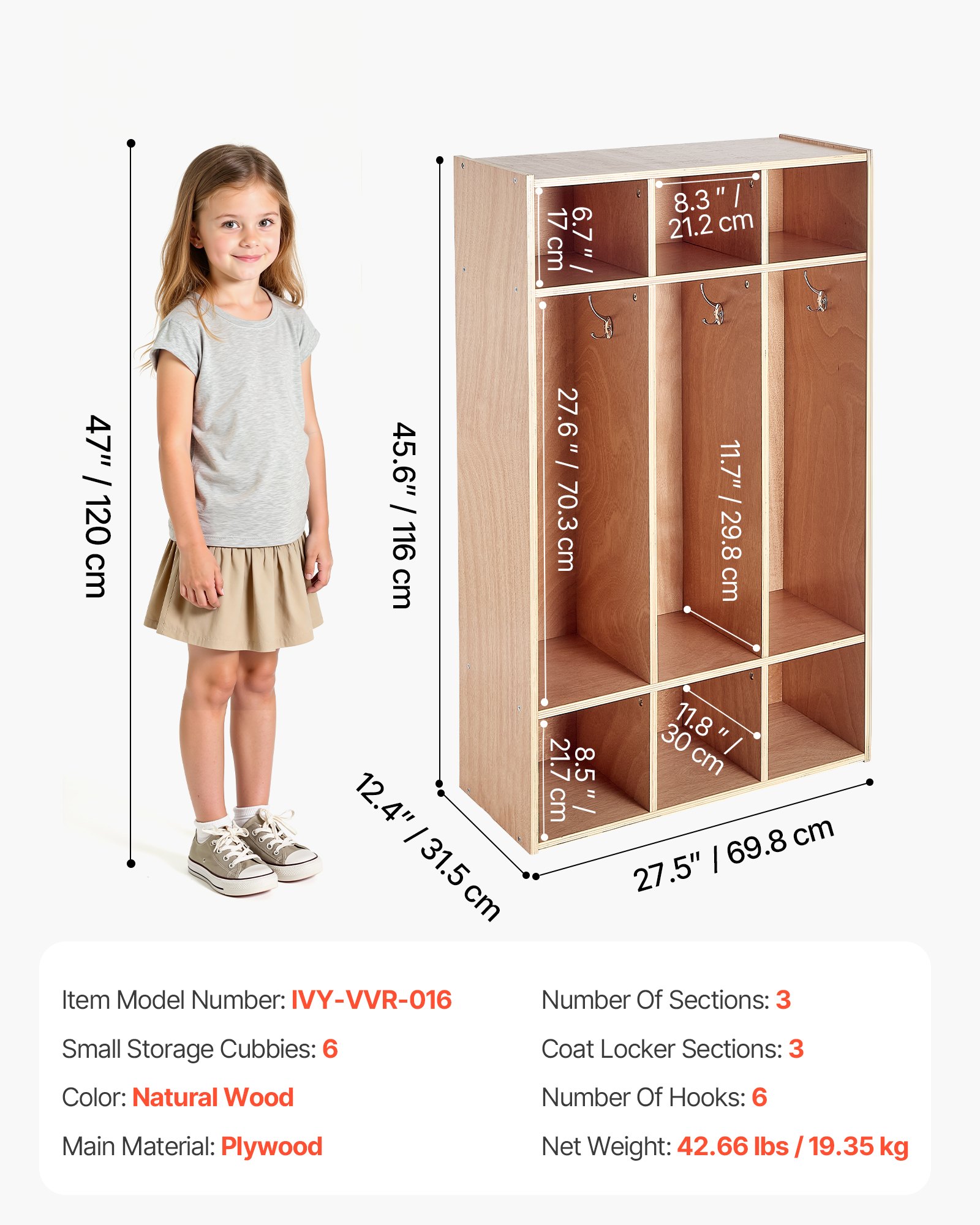 3-Section Kids Coat Locker, Wooden Toddler Cubby Storage Organizer With 6 Hooks & Non-Slip Mat, Modern Kid Coat Cubbies With 6 Small Open Storage Boxes For Home, Kindergarten, Daycare, Natural