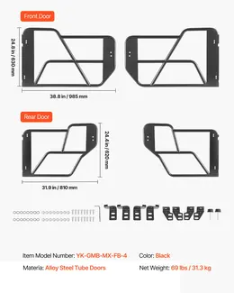 Tube Doors, 4-Door, Compatible With 2021-2026 Ford Bronco (Excluding Bronco Sport), Steel Off Road Front & Rear Tubular Half Doors With Rubber Pads, Heavy-Duty Hinges, OE Latch & Limit Straps
