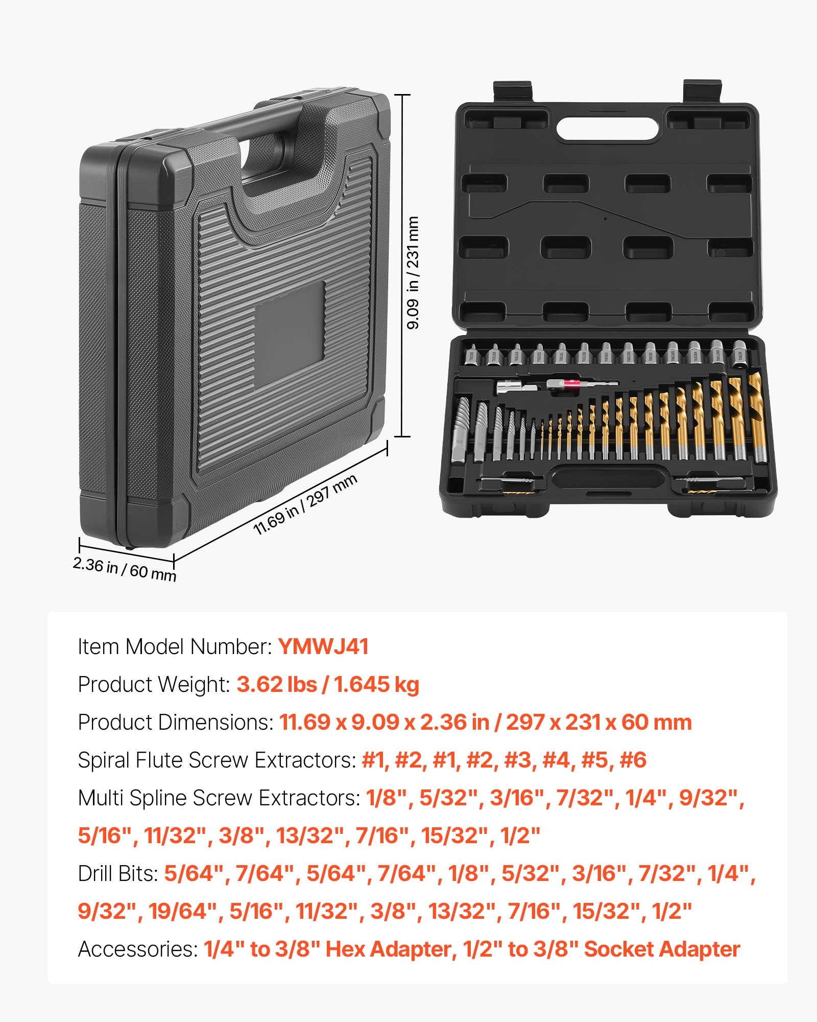 Main product image of 41-Piece Screw Extractor and Drill Bit Set, Cr-Mo Steel, with Adapters and Case