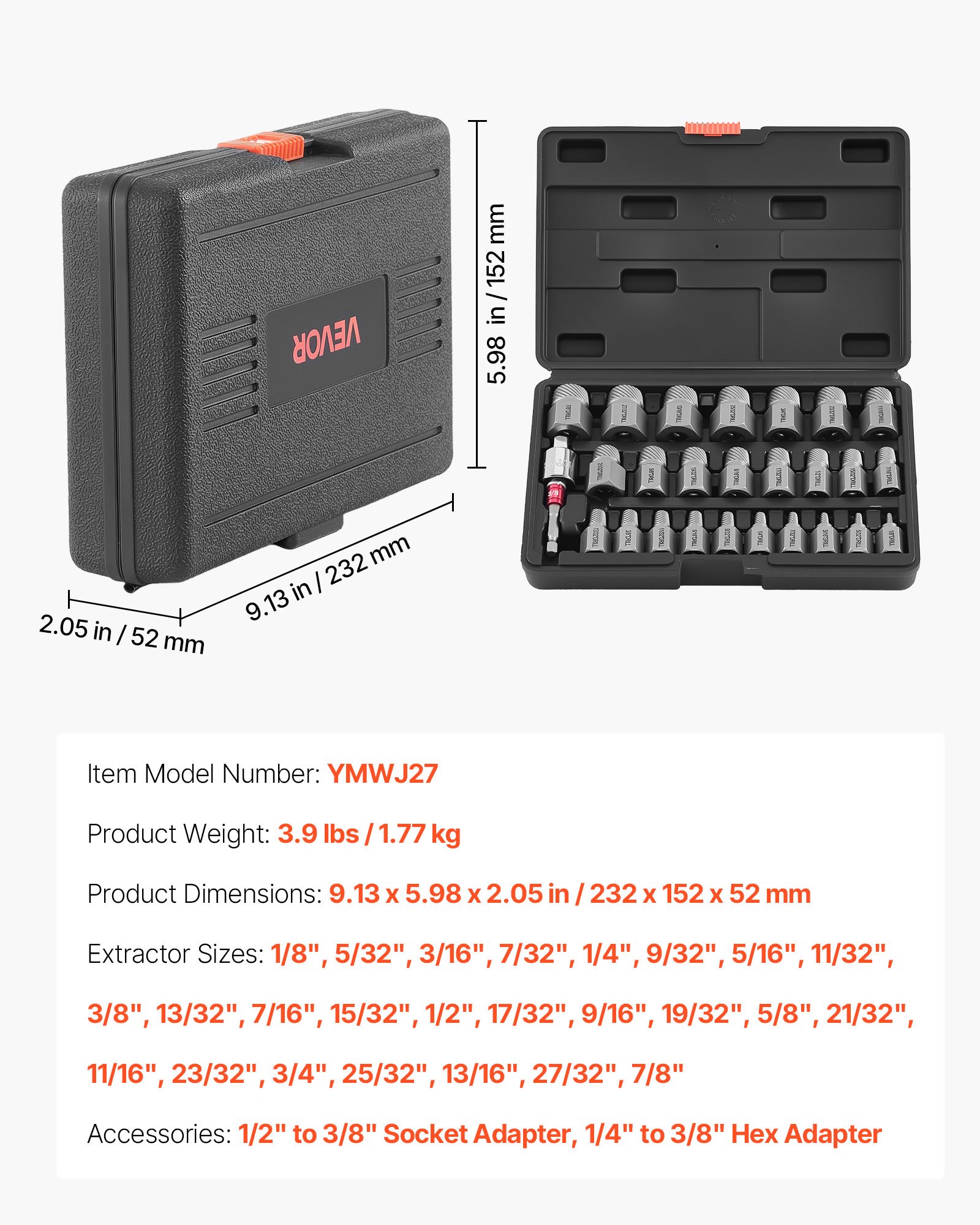 Main product image of 27-Piece Hex Head Multi-Spline Screw Extractor Set, Cr-Mo Steel, with Adapters and Case