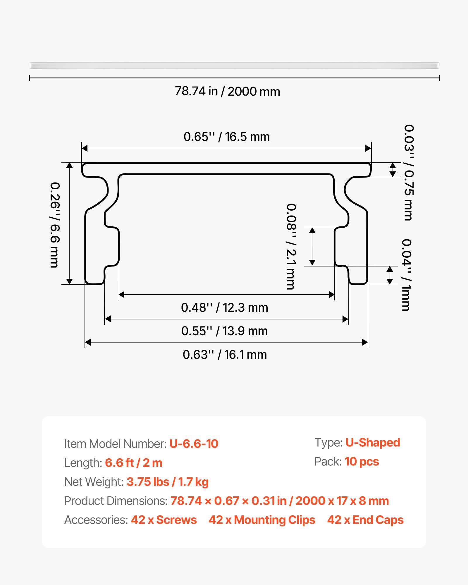 10-Pack 6.6 Ft/2M U Shape LED Aluminum Channel, With Milky Cover, End Caps And Mounting Clips, Aluminum Profile For LED Strip Light Installations, Easy Installation, For Under Cabinet Counter