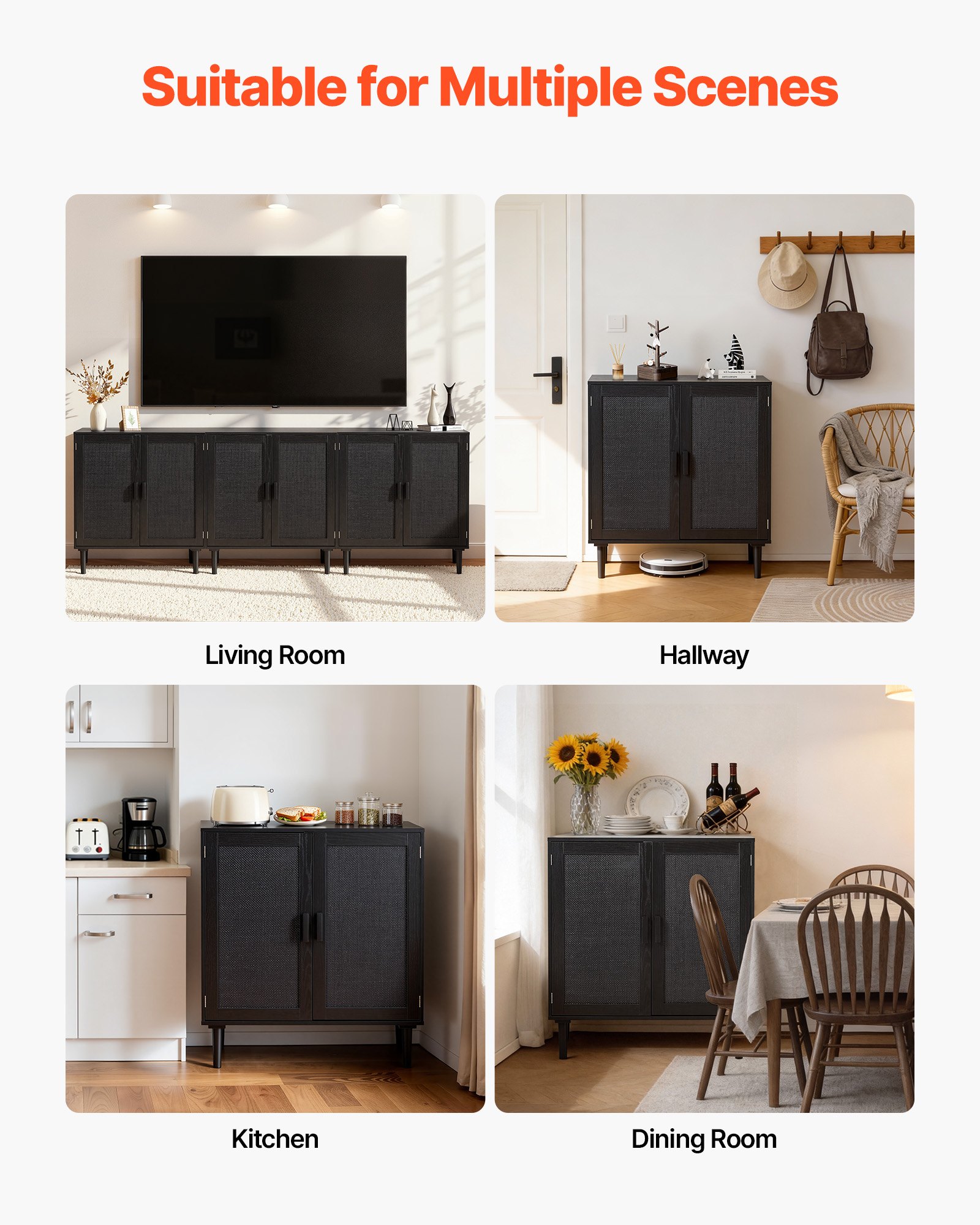 Rattan Cabinet, Rattan Storage Cabinet With 2 Magnetic Doors And Adjustable Shelves, Accent Sideboard Buffet With Wooden Legs & Power Cord Hole For Hallway, Entryway, Living Room, Kitchen, Black