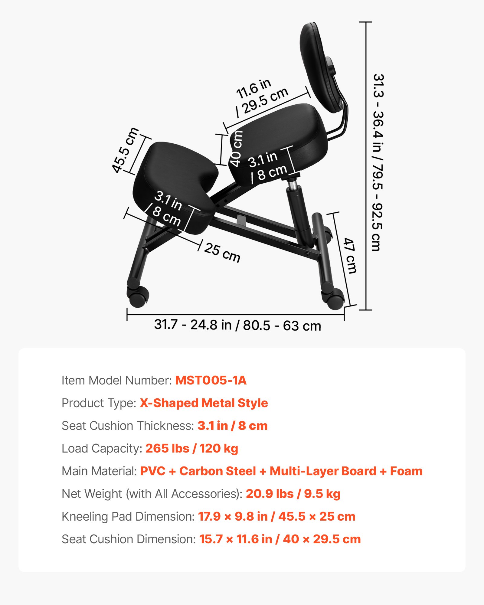 Main product image of Mobile Kneeling Chair with Backrest, Adjustable Height, X-Frame, Black