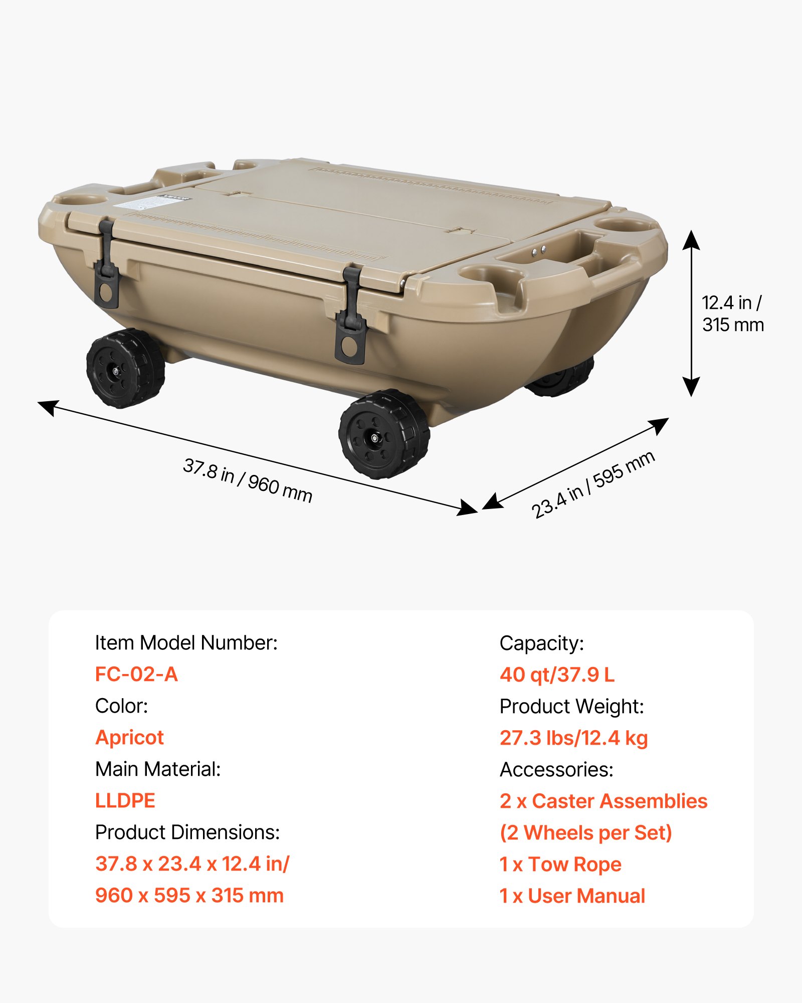 Floating Cooler, 40 QT Floating Ice Chest With Dry Storage, Wheels & Tow Rope, Premium LLDPE Amphibious Drink Cooler For Water & Land, Stable Cruiser On Lake, River, Pool, Beach, Kayak, Apricot