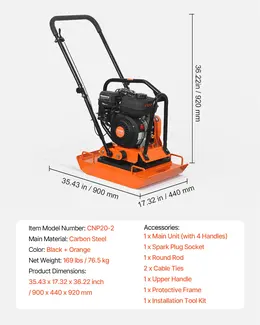 Plate Compactor, 7 HP 196CC Gas Engine, 5400 VPM, 4440 Lbs Force, 23x18 In Plate