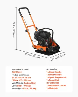 Plate Compactor, 6.5 HP 196CC Gas, 5600 VPM, 2360 Lbs Force, 20.1 x 15 In Plate