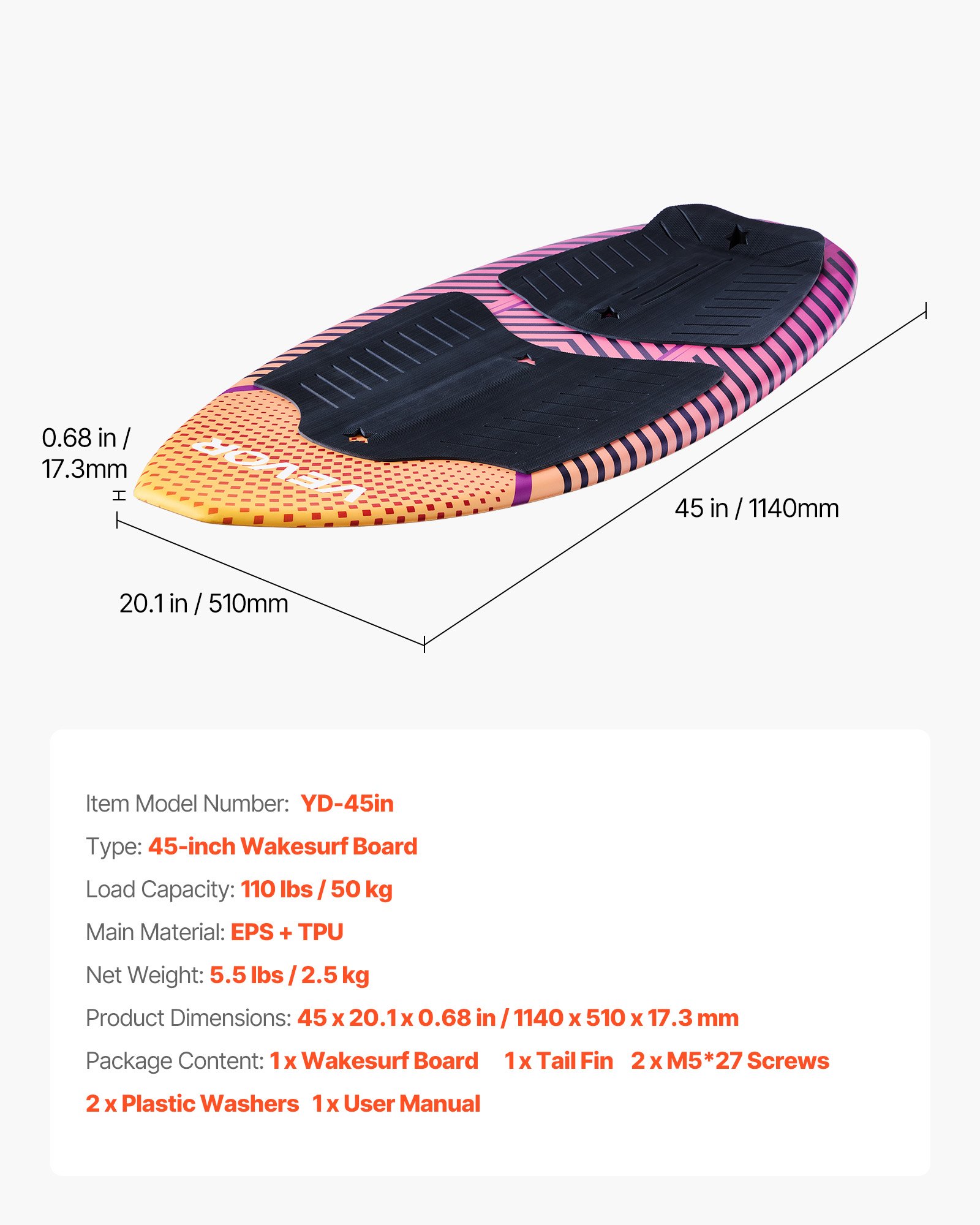 45-Inch Wakesurf Board, Wake Surfing Board With EPS Foam Core &  EVA Non-Slip Pad, UV-Resistant Wakesurfing Boards For Youth Up To 110 Lbs
