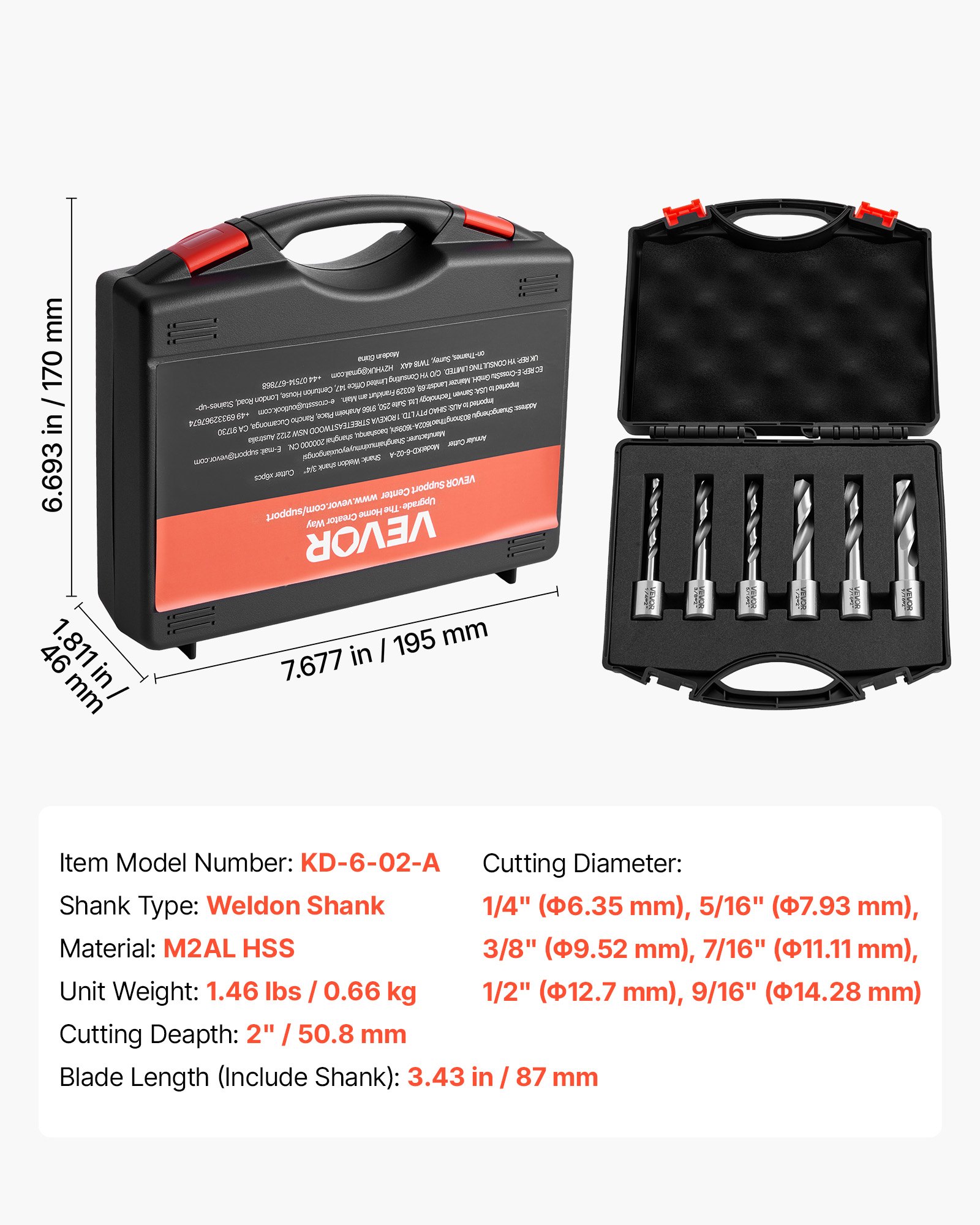 Annular Cutter Set, 6 Pcs Weldon Shank Mag Drill Bits Kit, 2" Cutting Depth,1/4" To 9/16" Cutting Diameter, HSS, 6 Drill Bits With Plastic Case, For Magnetic Drills, Steel, Aluminum, Copper