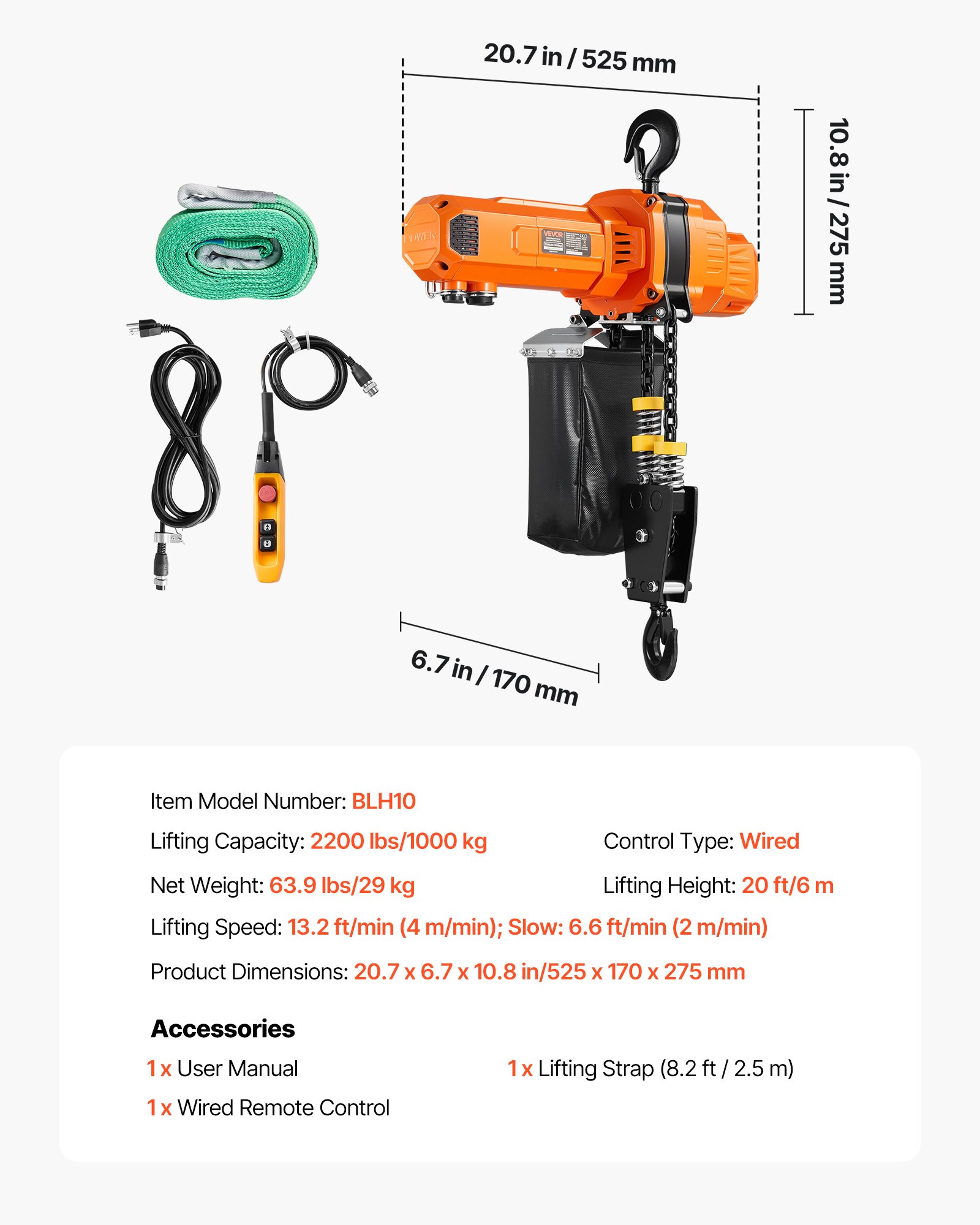 2200 Lbs Electric Chain Hoist, 20 Ft Lifting Height, 120V Single Phase Overhead Crane With 15 Ft Wired Remote Control, G100 Chain Electric Lift Hoist For Factories, Warehouses, Garages