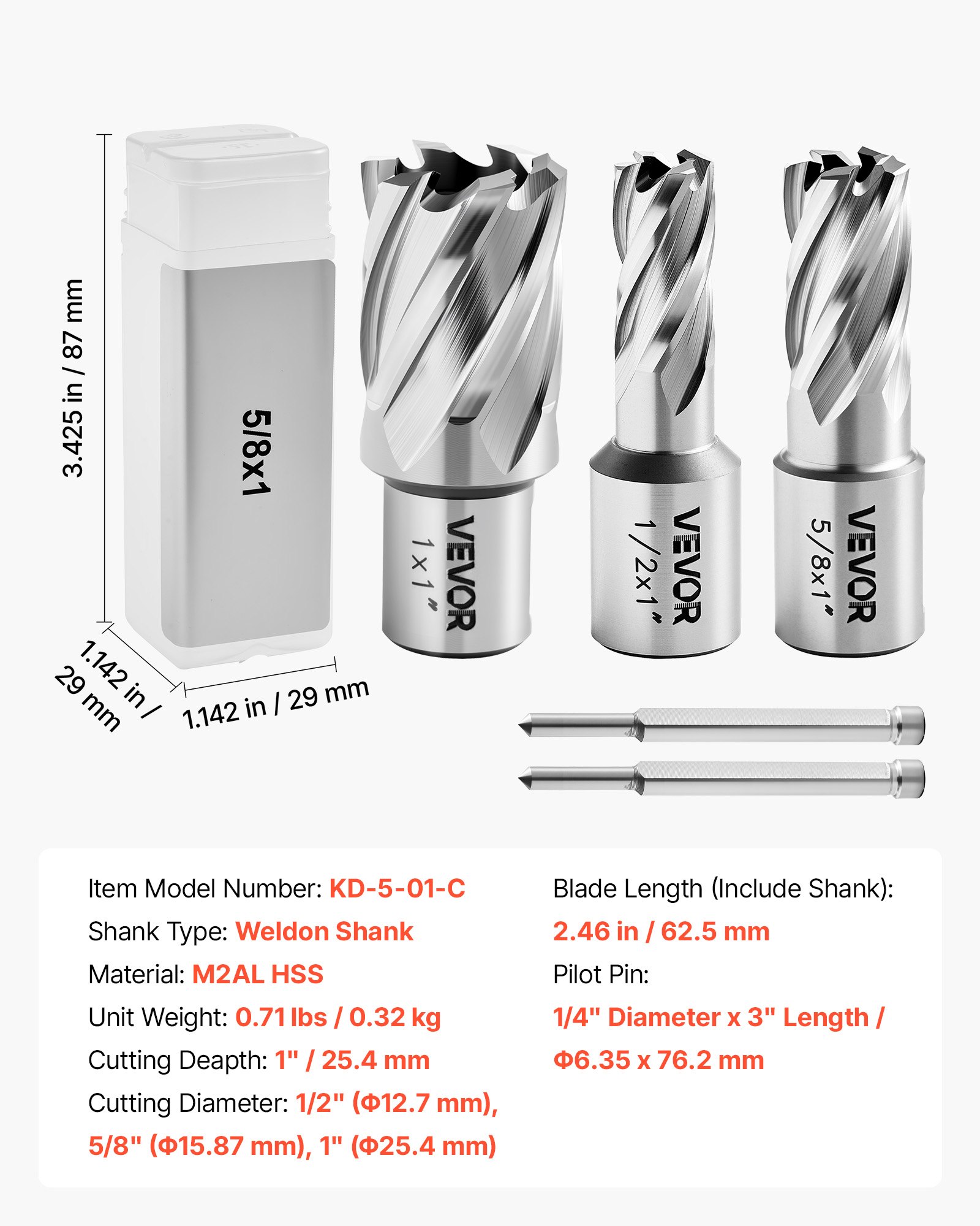 Annular Cutter Set, 5 Pcs Weldon Shank Mag Drill Bits Kit, 1" Cutting Depth, 1/2", 5/8", 1" Cutting Diameter, HSS, 3 Drill Bits With 2 Pilot Pins And 3 Plastic Cases, For Magnetic Drills, Steel